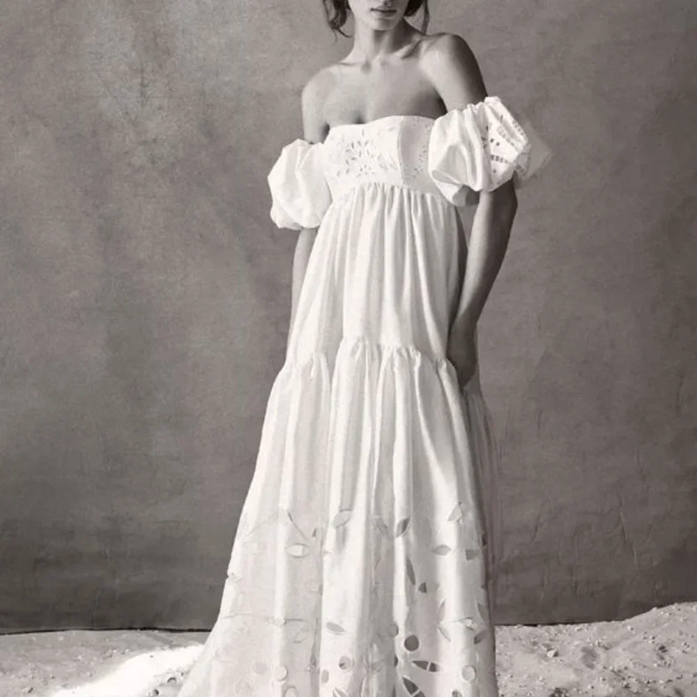 BHLDN Marina Wedding Gown Size 6 Off Shoulder Puffed Sleeve Sample - Picture 6 of 11